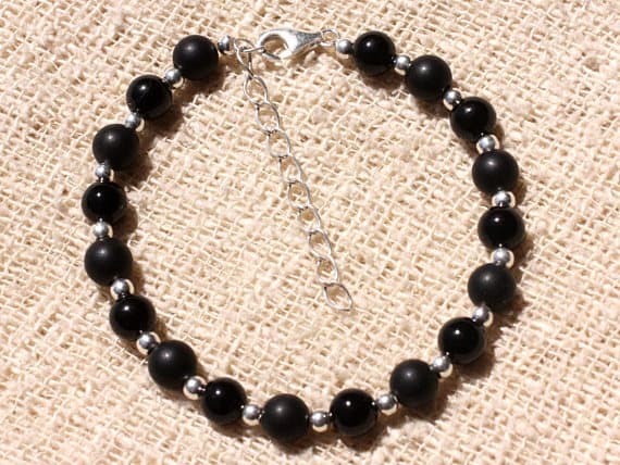 925 sterling Silver Bridesmaid Jewelry Silver Helling 6mm Stracking Black Black Onyx and matte Bracelet Round, Smooth 7" for mens, womens, gf, bf & Adult.