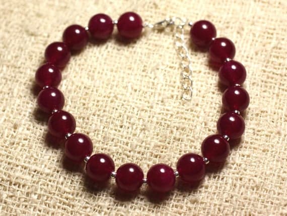 925 sterling Silver Personalized Gift Silver Helling 8mm Stracking Red Red Jade  Bracelet Round, Smooth 7" for mens, womens, gf, bf & Adult.