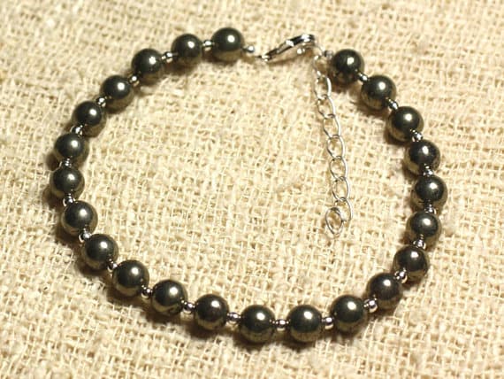 925 sterling Silver Rock Gift Silver Helling 6mm Stracking Golden Golden Pyrite Bracelet Round, Smooth 7" for mens, womens, gf, bf & Adult.