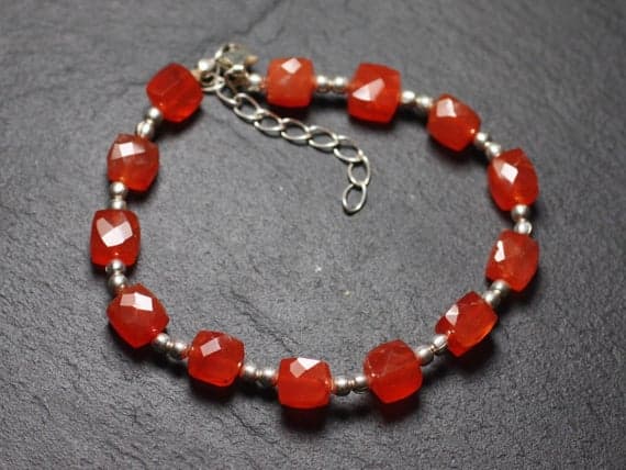 925 sterling Silver Blush Jewelry Silver Helling 5-6mm Stracking Orange carnelian Bracelet Cube, Faceted 7" for mens, womens, gf, bf & Adult.
