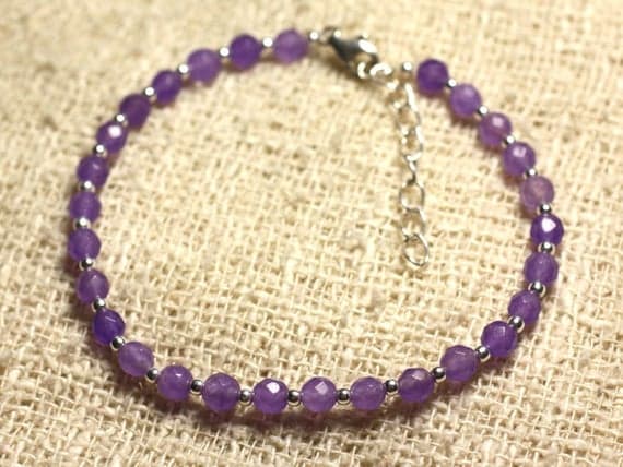 925 sterling Silver Blush Jewelry Silver Helling 4mm stacking Purple Purple Jade  Bracelet Round, Faceted 7" for mens, womens, gf, bf & Adult.