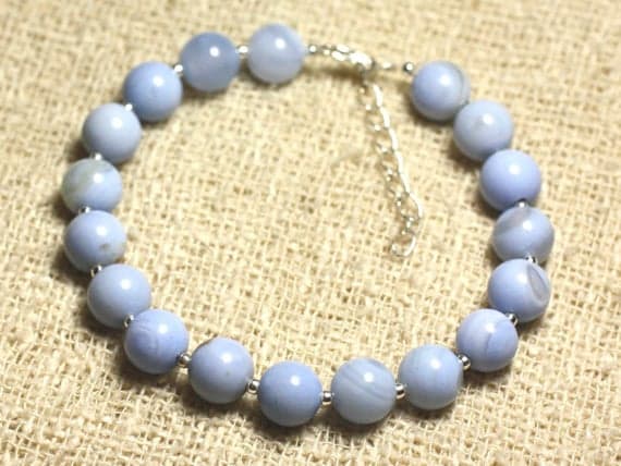 925 sterling Silver memorial gift Silver Helling 8mm Stracking Blue Agate Bracelet Round, Smooth 7" for mens, womens, gf, bf & Adult.