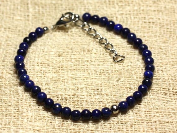 925 sterling Silver Anxiety Gemstone Silver Helling 4mm Stracking Blue Lapis Lazuli Bracelet Round, Smooth 7" for mens, womens, gf, bf & Adult.