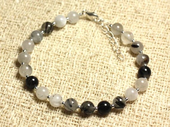 925 sterling Silver Anxiety Gemstone Silver Helling 6mm Stracking Black & White Tourmalated Quartz Bracelet Round , Smooth 7" for mens, womens, gf, bf & Adult.