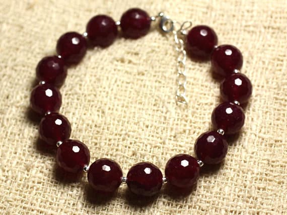 925 sterling Silver Blush Jewelry Silver Helling 10mm Stracking Red Red Jade Bracelet Round, Faceted 7.5" for mens, womens, gf, bf & Adult.