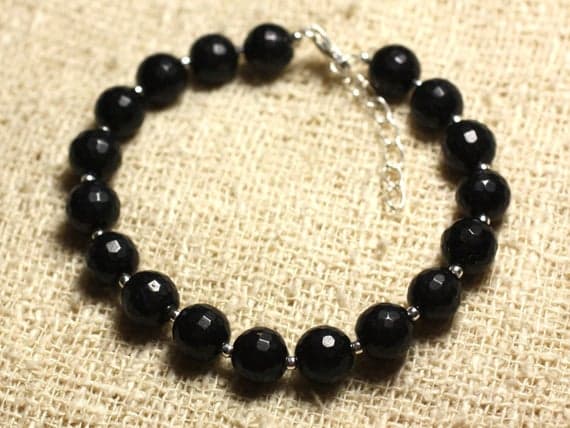 925 sterling Silver Positive Energy Silver helling 8mm Stracking Black black Jade Bracelet Round, Faceted 7" for mens, womens, gf, bf & Adult.