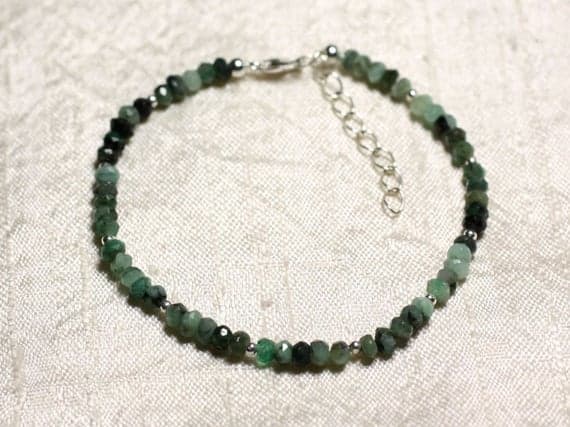925 sterling Silver Anniversary Gift Silver Helling 3mm Stracking Green Emerald Bracelet Rondelle, Faceted 7" for mens, womens, gf, bf & Adult.
