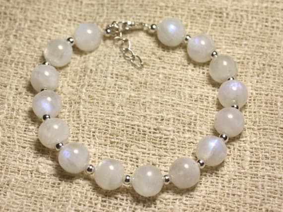 925 sterling Silver Positive Energy Silver helling 9mm Stracking White Rainbow Moonstone Bracelet Round, Smooth 7.5" for mens, womens, gf, bf & Adult.