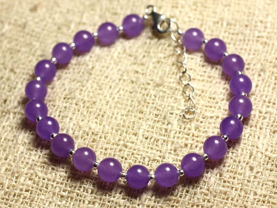 925 sterling Silver Galaxy Jewelry Silver Helling 6mm Stracking Purple purple Jade  Bracelet Round, Smooth 7" for mens, womens, gf, bf & Adult.