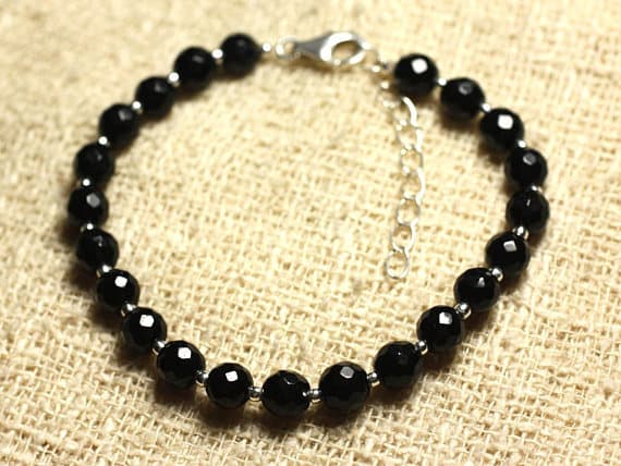 925 sterling Silver chakras simple Silver Helling 6mm Stracking Black black Jade Bracelet Round, Faceted 7" for mens, womens, gf, bf & Adult.