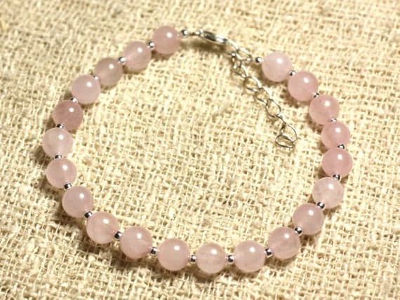 925 sterling Silver love beach youth Silver Helling 6mm Stracking Pink Rose Quartz Bracelet Round, Smooth 7" for mens, womens, gf, bf & Adult.