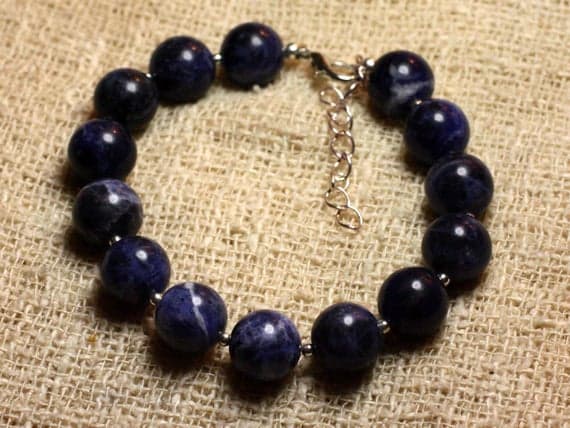 925 sterling Silver Anniversary Gift Silver Helling 10mm Stracking Blue Sodalite Bracelet Round, Smooth 7.5" for mens, womens, gf, bf & Adult.
