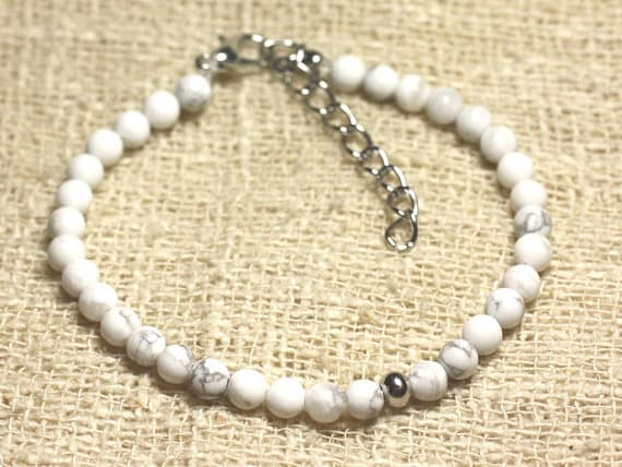 925 sterling Silver Unique Wedding Gift Silver Helling 4mm Stracking White Howlite Bracelet Round, Smooth 7" for mens, womens, gf, bf & Adult.