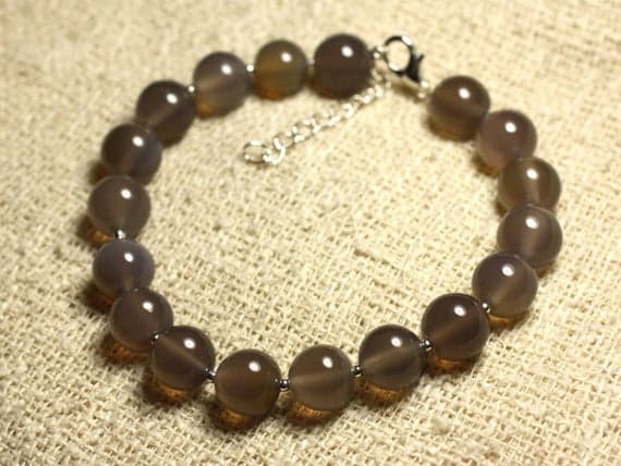 Bracelet sterling silver and gemstone - Agate Grise10mm Code- WAR6997