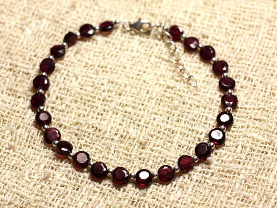 925 sterling Silver Jewelry Energy Silver Helling 4.5mm Stracking Red Garnet Bracelet Coin, Faceted 7" for mens, womens, gf, bf & Adult.