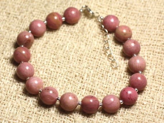 925 sterling Silver Unique Wedding Gift Silver Helling 8mm Stracking Pink Rhodonite Bracelet Round, Smooth 7" for mens, womens, gf, bf & Adult.