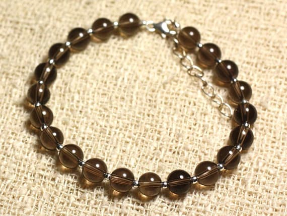 925 sterling Silver Wholesale Silver helling 6mm Stracking Brown smoky Quartz  Bracelet Round, Smooth 7" for mens, womens, gf, bf & Adult.