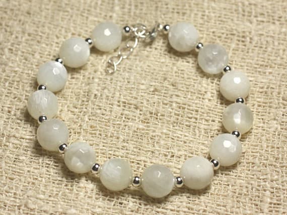 925 sterling Silver Personalized Gift Silver Helling 9mm stacking White white Moonstone Bracelet Round, Smooth 7.5" for mens, womens, gf, bf & Adult.