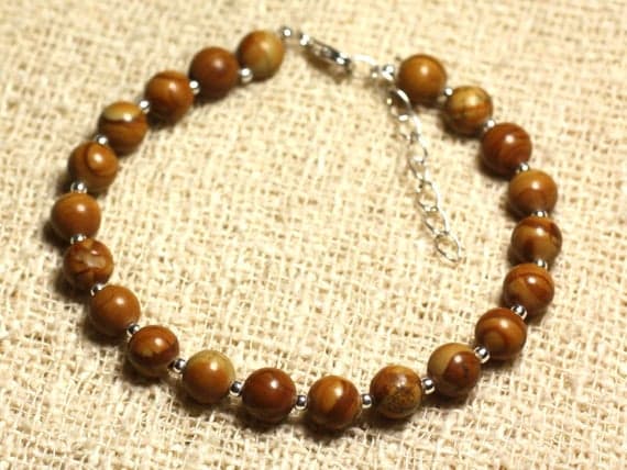 Bracelet silver and stone - Jasper wood 6mm Code- WAR6992