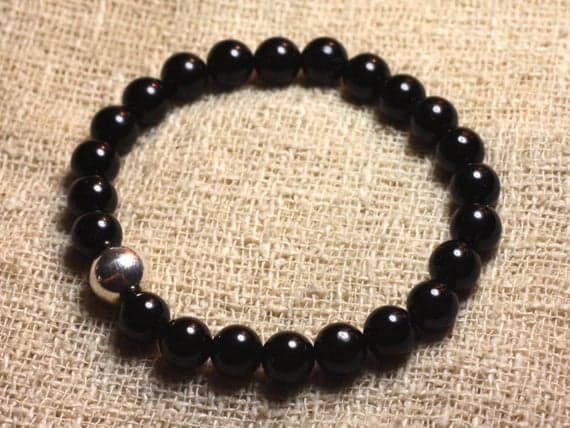 Natural Silver Helling 8mm Stretchable Black Black Tourmaline  Bracelet Round, Smooth 7" for mens, womens, gf, bf & Adult.