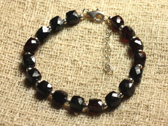 925 sterling Silver Anxiety Gemstone Silver Helling 6-7mm stacking Red black spinel and Garnet Bracelet Cube, Faceted 7" for mens, womens, gf, bf & Adult.
