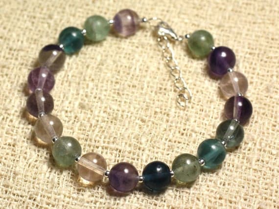 925 sterling Silver Positive Energy 8mm stacking Multi multicolor Fluorite Bracelet Round, Smooth 7.5" for mens, womens, gf, bf & Adult.