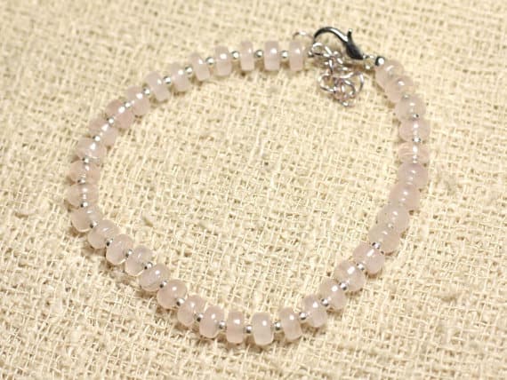 925 sterling Silver Empath Protection Silver Helling 5mm Stracking Pink Rose Quartz  Bracelet Rondelle, Smooth 7" for mens, womens, gf, bf & Adult.