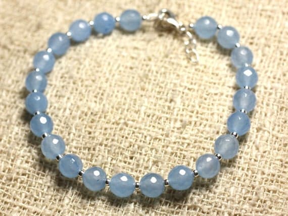 925 sterling Silver Blush Jewelry Silver Helling 6mm Stracking Blue Jade Bracelet Round, Faceted 7" for mens, womens, gf, bf & Adult.