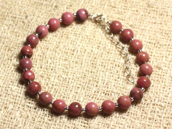 925 sterling Silver Unique Wedding Gift Silver Helling 6mm Stracking Pink Rhodonite Bracelet Round, Smooth 7" for mens, womens, gf, bf & Adult.