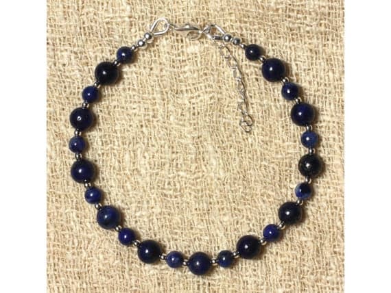 925 sterling Silver good luck gift Silver Helling 4-6mm stacking Blue Lapis Lazuli  Bracelet Round, Smooth 7" for mens, womens, gf, bf & Adult.