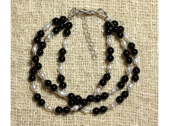 925 sterling Silver Anniversary Gift Silver Helling 2-4mm stacking Black & White Black Onyx and cultured pearls Bracelet Round, Smooth 7" for mens, womens, gf, bf & Adult.