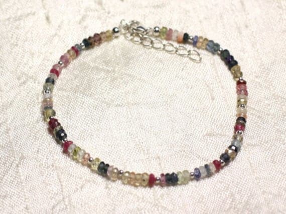 925 sterling Silver Natural Silver Helling 3mm Stracking Multi Multicolor Sapphire  Bracelet Rondelle, Faceted 7" for mens, womens, gf, bf & Adult.