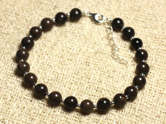 925 sterling Silver Personalized Gift 6mm Stracking Black coffee Jasper Bracelet Round, Smooth 7" for mens, womens, gf, bf & Adult.