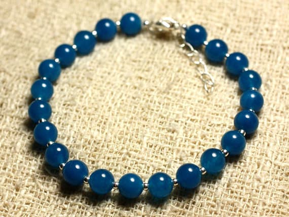 925 sterling Silver Empath Protection Silver Helling 6mm Stracking Blue Jade Blue  Bracelet Round, Smooth 7" for mens, womens, gf, bf & Adult.
