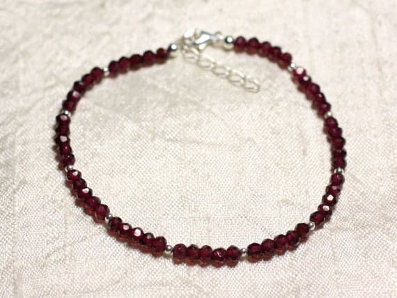 925 sterling Silver Anniversary Gift Silver Helling 3mm Stracking Red Rhodolite Garnet  Bracelet Round, Faceted 7" for mens, womens, gf, bf & Adult.