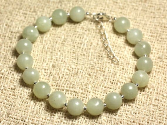 925 sterling Silver Unique Wedding Gift Silver Helling 8mm stacking Green Green Jade Bracelet Round, Smooth 7" for mens, womens, gf, bf & Adult.