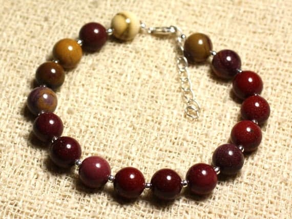 925 sterling Silver Personalized Gift Silver Helling 8mm stacking Red Jasper mokaïte Bracelet Round, Smooth 7" for mens, womens, gf, bf & Adult.