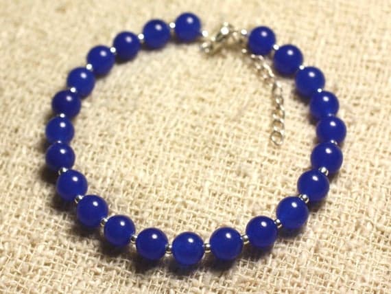 925 sterling Silver Anxiety Gemstone Silver Helling 6mm stacking Blue Jade Bracelet Round, Smooth 7" for mens, womens, gf, bf & Adult.