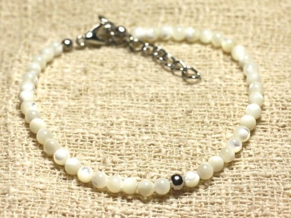 925 sterling Silver Positive Energy Silver helling 3mm Stracking White white mother of pearl Bracelet Round, Smooth 7" for mens, womens, gf, bf & Adult.