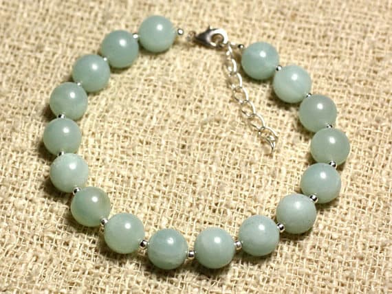925 sterling Silver Natural Silver Helling 8mm Stracking Aqua Amazonite Bracelet Round, Smooth 7" for mens, womens, gf, bf & Adult.