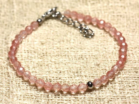 925 sterling Silver Handmade Beaded Silver Helling 4mm Stracking Pink cherry Quartz Bracelet Round, Faceted 7" for mens, womens, gf, bf & Adult.