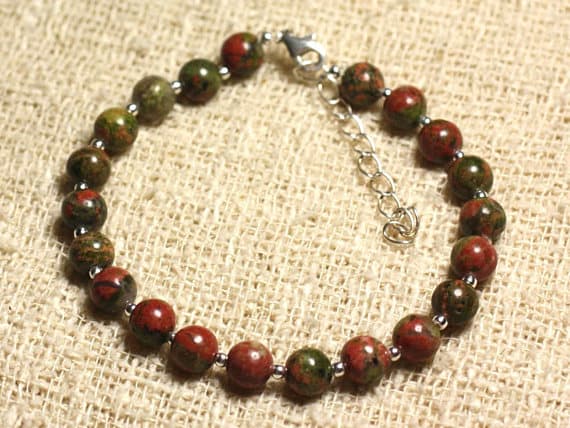 925 sterling Silver Galaxy Jewelry Silver Helling 6mm stacking Multi Unakite Bracelet Round, Smooth 7" for mens, womens, gf, bf & Adult.