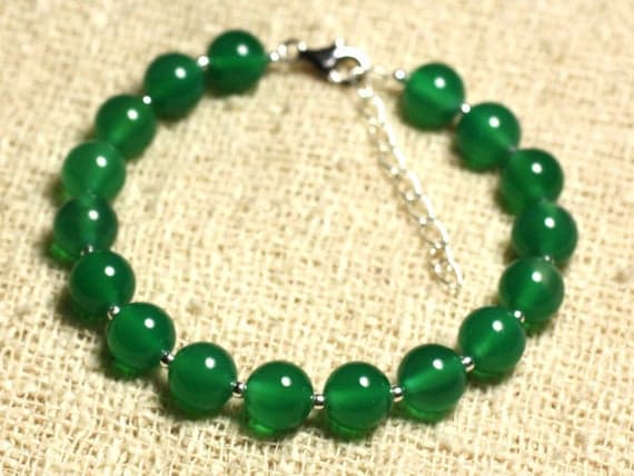 925 sterling Silver Bridesmaid Jewelry Silver Helling 8mm Stracking Green Green Onyx Bracelet Round, Smooth 7" for mens, womens, gf, bf & Adult.