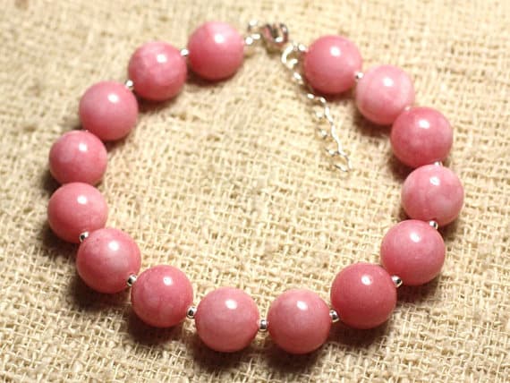 925 sterling Silver Empath Protection Silver Helling 10mm Stracking Pink Pink Jade  Bracelet Round, Smooth 7.5" for mens, womens, gf, bf & Adult.