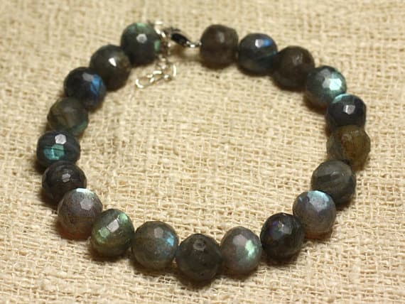 925 sterling Silver Unique Wedding Gift 9-10mm Stracking Gray Labradorite Bracelet Round, Faceted 7.5" for mens, womens, gf, bf & Adult.