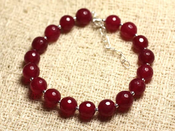 925 sterling Silver Personalized Gift Silver Helling 8mm Stracking Red Jade Bracelet Round, Faceted 7" for mens, womens, gf, bf & Adult.