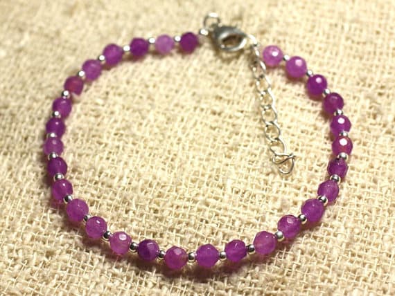 925 sterling Silver Handmade Beaded Silver Helling 4mm stacking Purple Jade Bracelet Round, Faceted 7" for mens, womens, gf, bf & Adult.