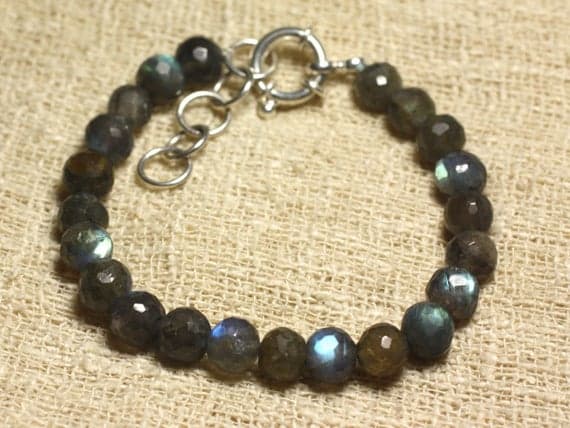 925 sterling Silver top quality Silver helling 9mm Stracking Gray Labradorite Bracelet Round, Faceted 7" for mens, womens, gf, bf & Adult.