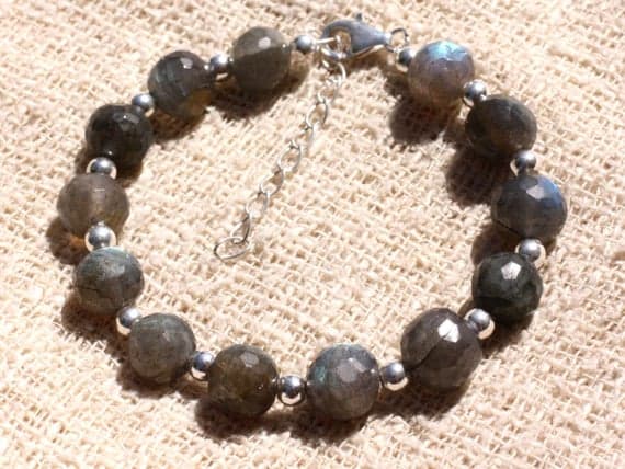 925 sterling Silver Jewelry Energy Silver Helling 3-10mm Stracking Gray Labradorite Bracelet Round, Faceted 7.5" for mens, womens, gf, bf & Adult.