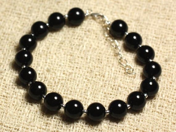 925 sterling Silver chakras simple Silver Helling 8mm Stracking Black Black Onyx Bracelet Round, Smooth 7" for mens, womens, gf, bf & Adult.